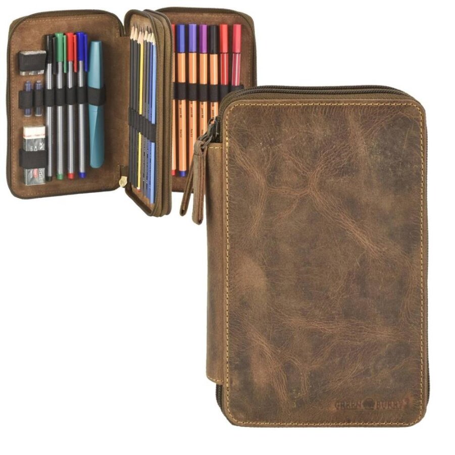 Stiftetui Leder 28 Schlaufen antikbraun | Greenburry Vintage Mäppchen 2-teilig mit Reißverschluss. Großer Organizer für Stifte und Füller.