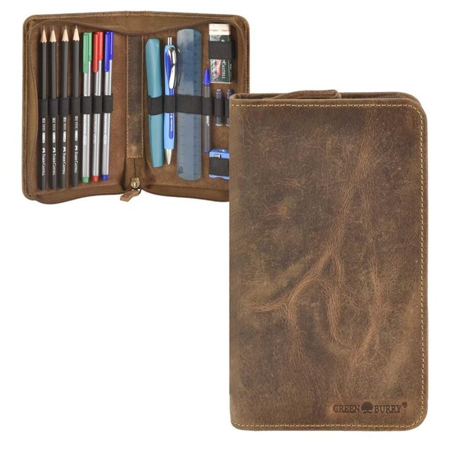 Greenburry Stiftetui Vintage Federmäppchen 15 Schlaufen | Leder antikbraun