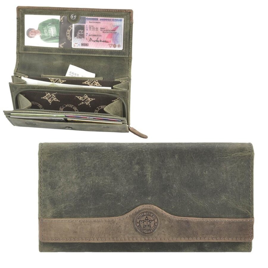 Cuvertbörse Leder RFID-Schutz khaki 19x10cm | Billy the Kid Hunter Geldbörse mit 3-Fächer-Aufteilung. Sicherer Organizer für Karten und Bargeld.