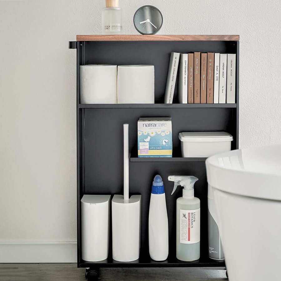 Toilettenpapier Aufbewahrung Badwagen 45x68x13cm schmal auf Rollen 'Tower' schwarz