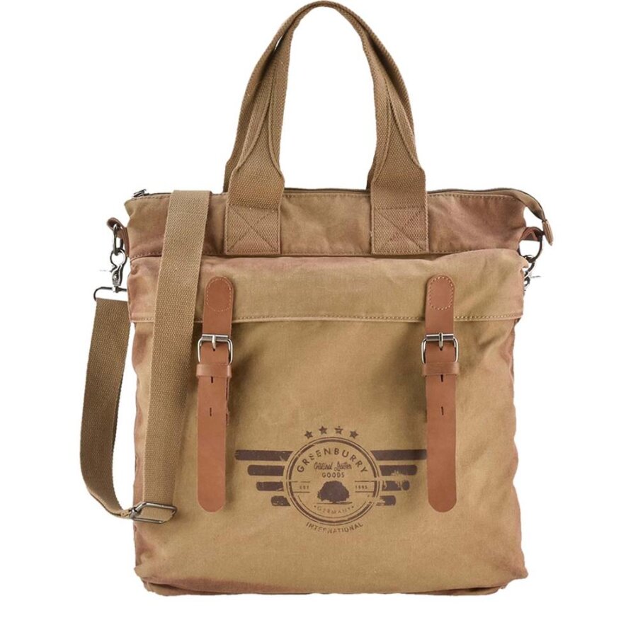 Shopper mit Lederparts aus Canvas in camel Format A4 Ordner | Greenburry. Robuste Schultertasche Aviator für Schule, Beruf und den Alltag im Büro.