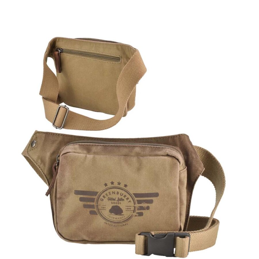 Bauchtasche Canvas camel 20x16cm | Greenburry Aviator Gürteltasche mit Organizer. Robuste Outdoor-Tasche für Festivals und Reisen aus 16oz Canvas.
