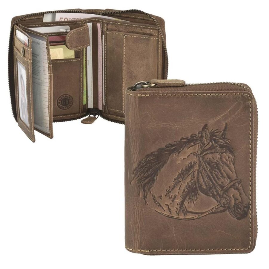 Geldbörse Leder Pferd-Prägung antikbraun | Greenburry Vintage Portemonnaie mit Reißverschluss. Robuster Organizer für Reiter und Naturfreunde.