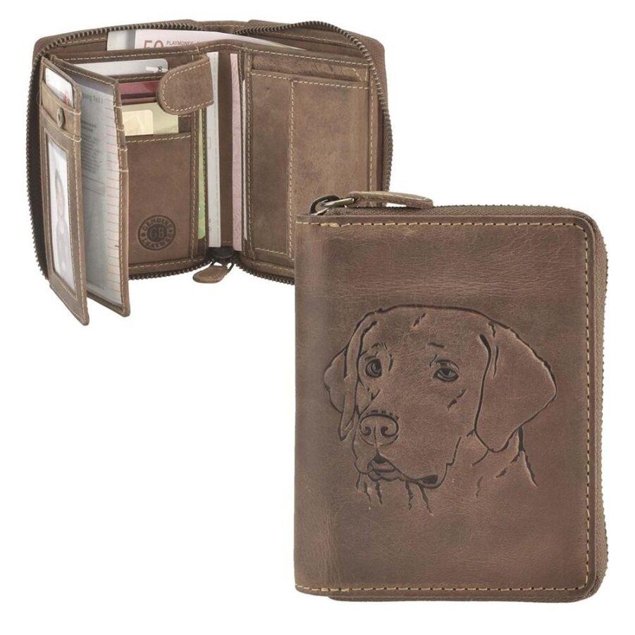 Geldbörse Leder Hund-Prägung antikbraun | Greenburry Vintage Portemonnaie mit Reißverschluss. Sicherer Organizer mit 9 Kartenfächern.