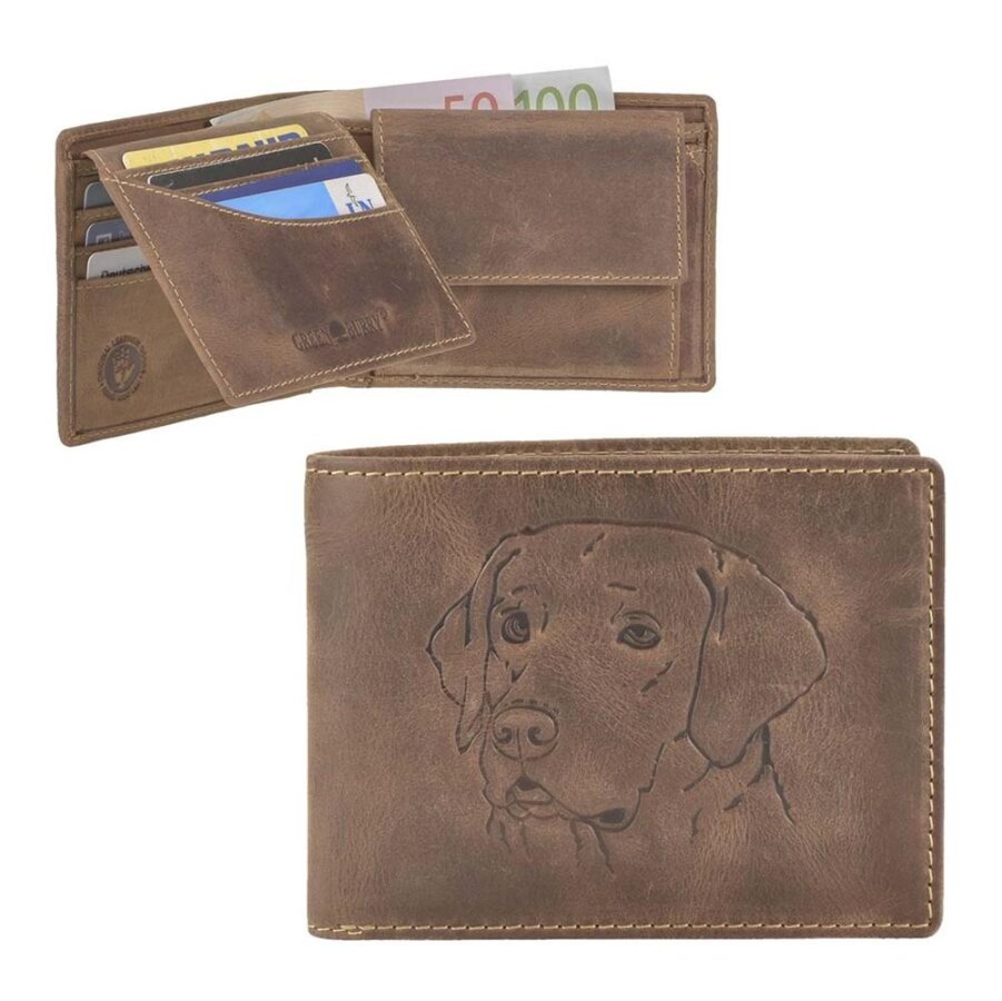 Geldbörse Labrador-Prägung Leder antikbraun Vintage | Greenburry. Querformatiges Portemonnaie mit Hundeprägung und vielen Kartenfächern für Tierfreund