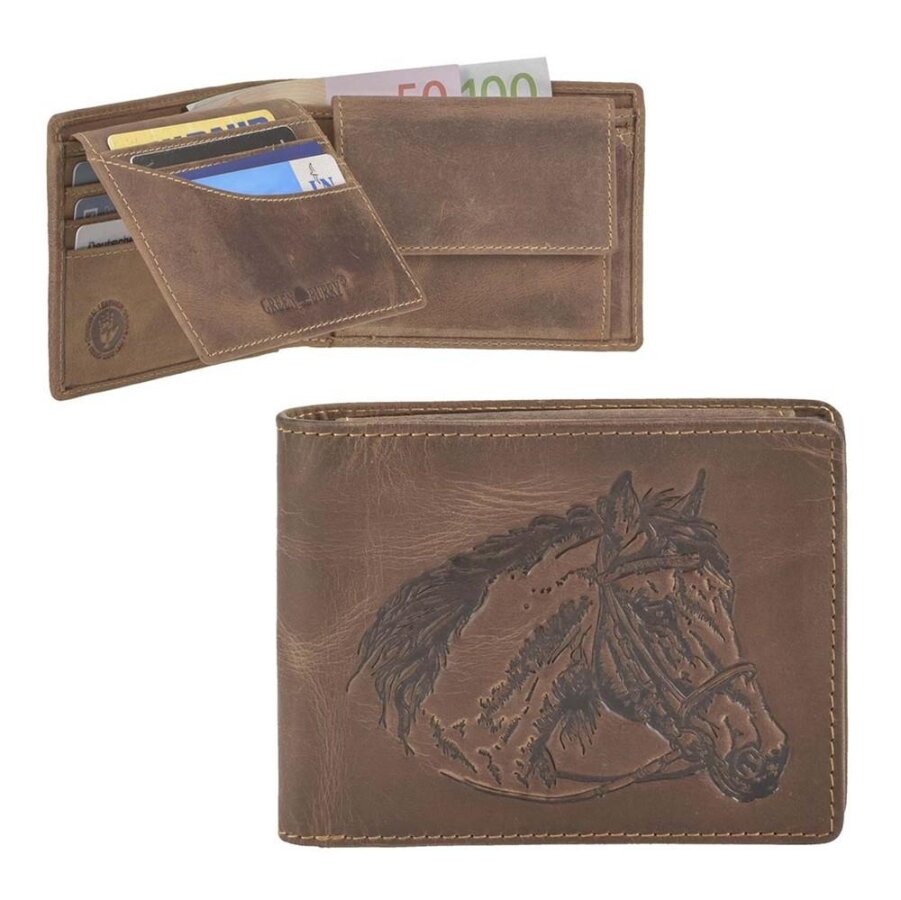 Geldbörse Rustikaler Stil Leder antikbraun Vintage | Greenburry. Querformatiges Portemonnaie mit Pferdeprägung und sieben Kartenfächern für Reiter.
