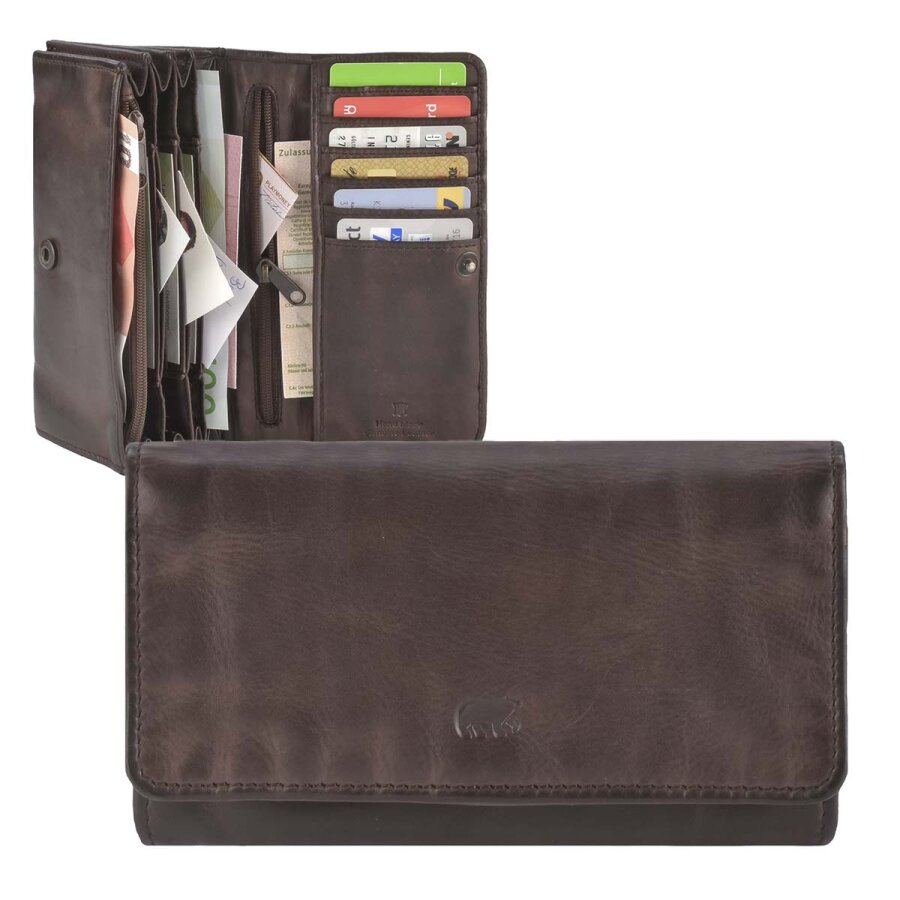 Damen Portemonnaie 12 Kartenfächer 4-fächrig Leder braun 17x9cm | Bear Design Noor. Klassische Ledergeldbörse für eine perfekte Organisation der Karte