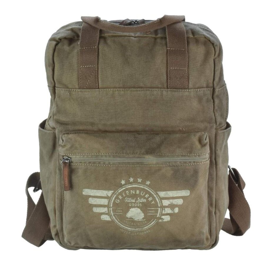 Kompakter Rucksack aus Canvas in khaki für Dokumente im Format A4 | Greenburry Aviator. Strukturierte Aufteilung für Ihren flexiblen Alltag.