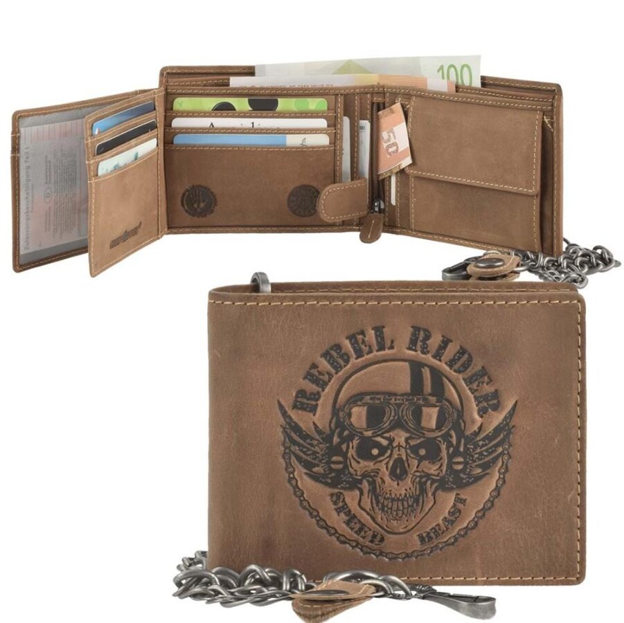 Kettenbörse Leder Rebel-Rider-Prägung antikbraun | Greenburry Vintage Biker Portemonnaie mit 55cm Kette. Sicherer Organizer im Querformat.