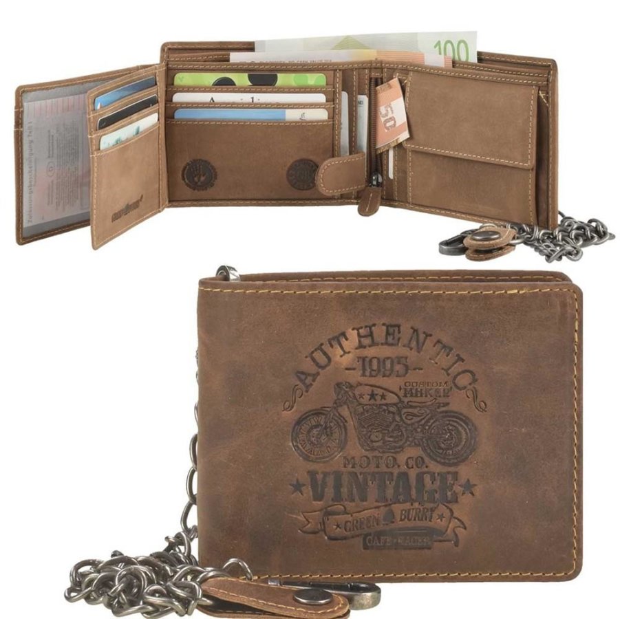 Portemonnaie Leder 12x10cm quer mit Kette 'Cafe Racer' antikbraun Greenburry 0835-25