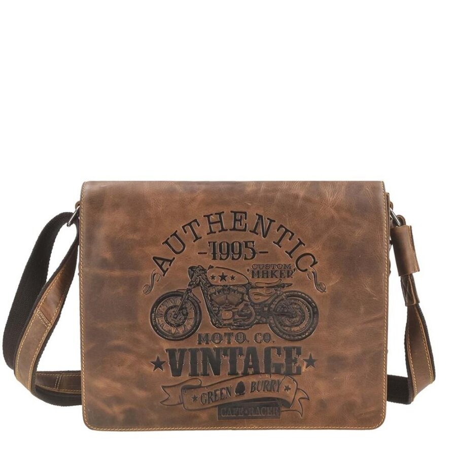 Kuriertasche mit Cafe-Racer-Prägung aus Leder in antikbraun Format A4 | Greenburry. Coole Umhängetasche für Herren mit praktischen Stiftschlaufen.
