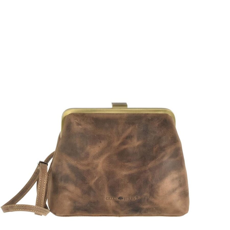 Bügeltasche Leder S antikbraun 25x20cm | Greenburry Vintage Schultertasche mit Bügelverschluss. Kleine Damentasche im Retro-Look mit Tragegurt.