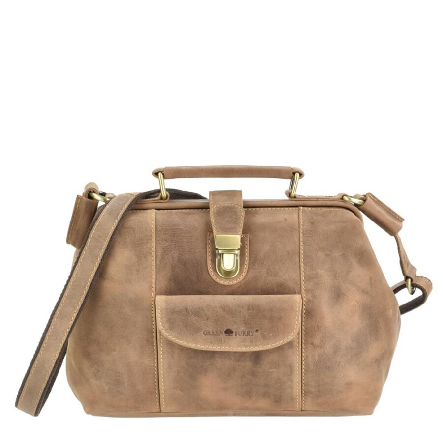 Bügeltasche Leder M antikbraun 30x24cm | Greenburry Vintage Schultertasche mit Maulbügelverschluss. Strukturierte Damentasche mit Handytasche.