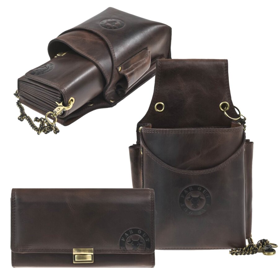 Kellnerportemonnaie Set 8 Scheinfächer Leder antik braun 11x15cm | Kloehn FAR OUT Kellnertasche mit Kette und Gürtelholster für Gastronomie und Servic
