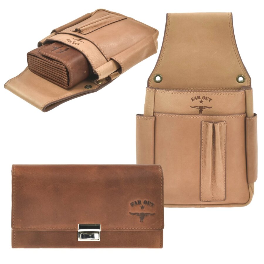 Kellnerbörse Set mit Holster Leder 2-tone cognac | Kloehn Kellnerportemonnaie Gastronomie Kellnertasche mit Stiftfächern für Gürtel