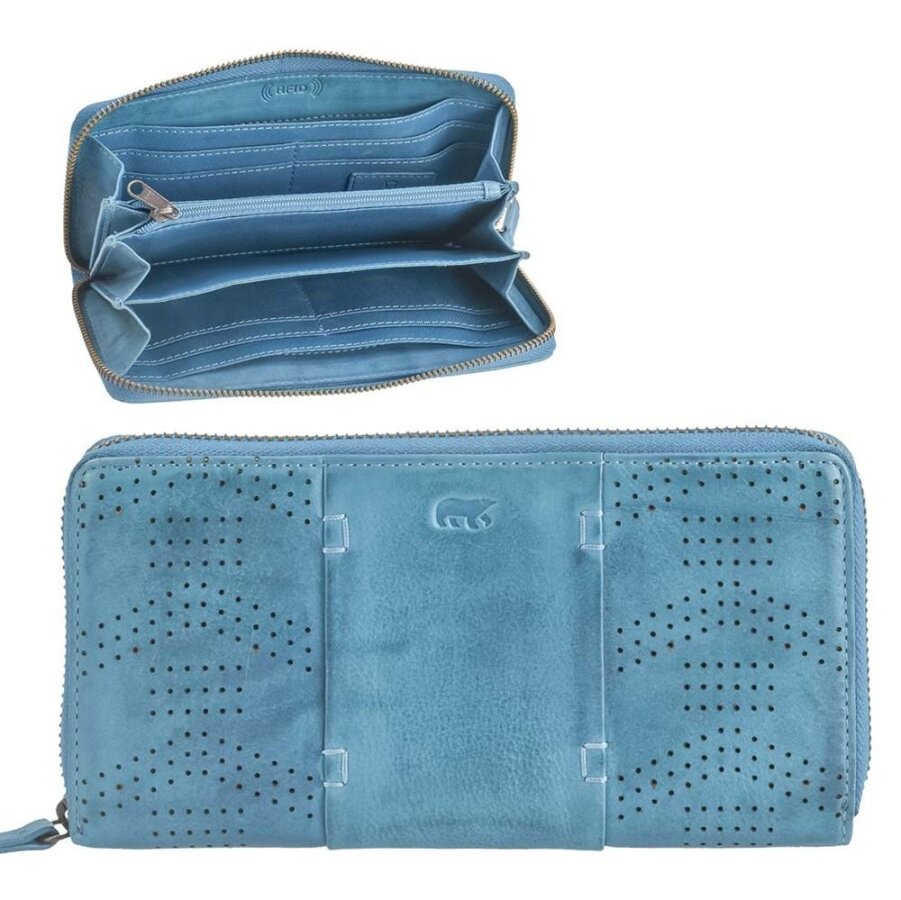 Portemonnaie Damen RFID-Schutz Leder aqua 20x10cm | Bear Design Mirte. Funktionale Langbörse mit Metall-Reißverschluss für eine klare Organisation.