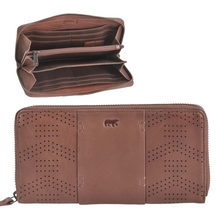 Portemonnaie Damen RFID-Schutz Leder cognac 20x10cm | Bear Design Mirte. Funktionale Langbörse mit Metall-Reißverschluss für eine klare Organisation.