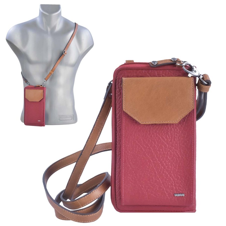 Handytasche Leder zum Umhängen mit Geldbörse 'Sophie' rot mit cognac Berba 121-930-16