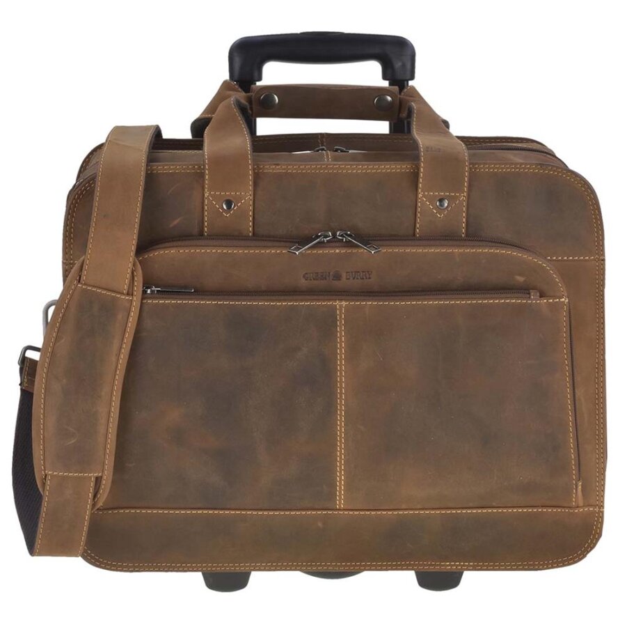 Business-Trolley Leder antikbraun 43x36cm | Greenburry Vintage Rollkoffer mit Notebookfach 39x26cm. Mobiler Organizer für Büro und Geschäftsreisen.