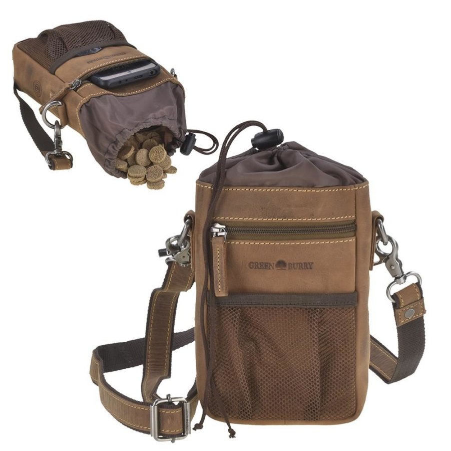 Greenburry Leckerlibeutel Hund zum Umhängen aus Leder 'Vintage Dogs', Futterbeutel für Pferde- und Hundetraining, mit Schultergurt