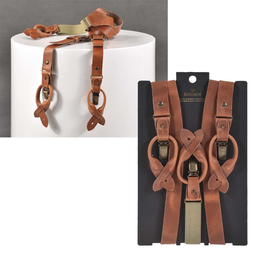 Sir Redman Hosenträger Herren Vintage Style für Männer Leder zum Knöpfen und Clippen 25mm 'Work' für Jeans Y-Form, cognac-braun