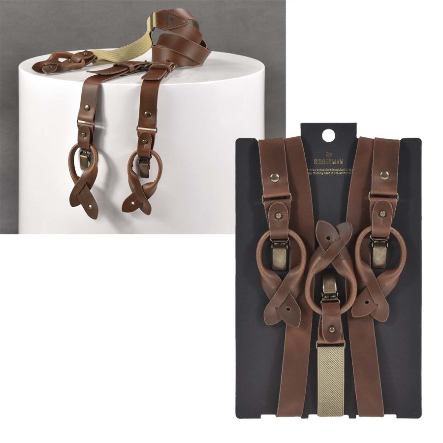 Sir Redman Hosenträger Herren Vintage Style für Männer Leder zum Knöpfen und Clippen 25mm 'Work' für Jeans Y-Form, braun
