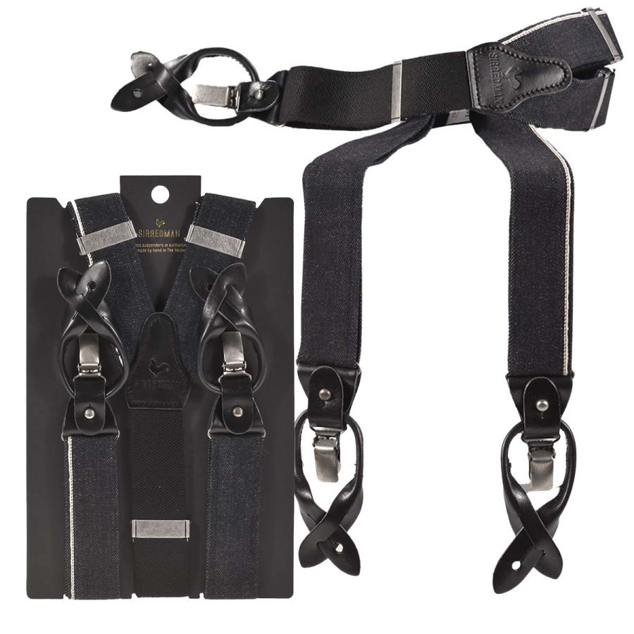 Sir Redman Hosenträger Herren Vintage Style für Männer 'Candiani' Denim mit Lederschlaufen für Knöpfe und Clips, Y-Form, Black Jack schwarz