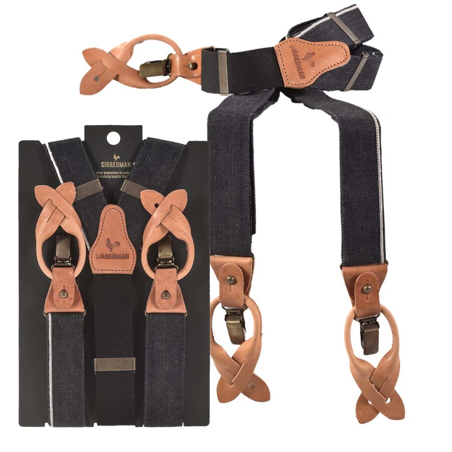 Sir Redman Hosenträger Herren Candiani Denim 35mm schwarz-natur. Ein stilvolles Accessoire-Set aus Baumwoll-Mix für einen markanten Vintage-Auftritt.