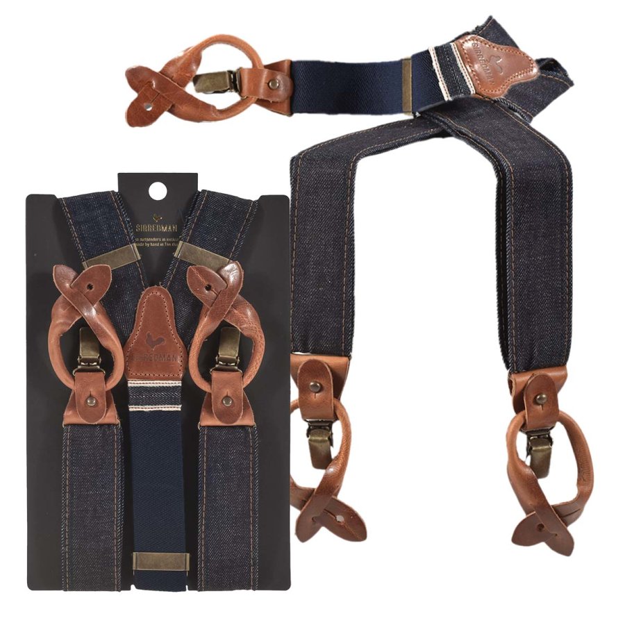 Sir Redman Hosenträger Herren Vintage Style für Männer 'Candiani' Denim mit Lederschlaufen für Knöpfe und Clips, Y-Form, Sturdy Stitch blau mit cognac