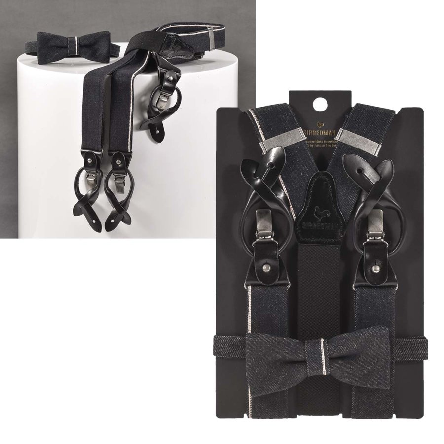 Sir Redman Hosenträger Vintage mit Fliege Set Herren Denim 35mm breit 'Candiani', Y-Form, für Jeans, mit Lederschlaufen zum Knöpfen und Clips, schwarz