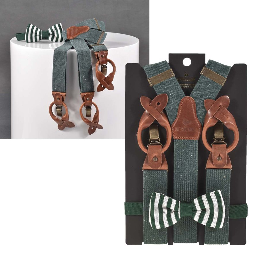 Sir Redman Hosenträger und Fliege Set Herren 35mm 'Recycled', Y-Form, für Jeans, mit Schlaufen zum Knöpfen und Clips, grün