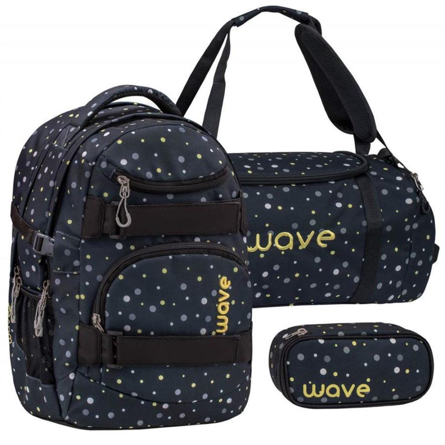 Wave Schulrucksack Set BLACK AND YELLOW DOTS 3teilig mit Sporttasche und Schlamper