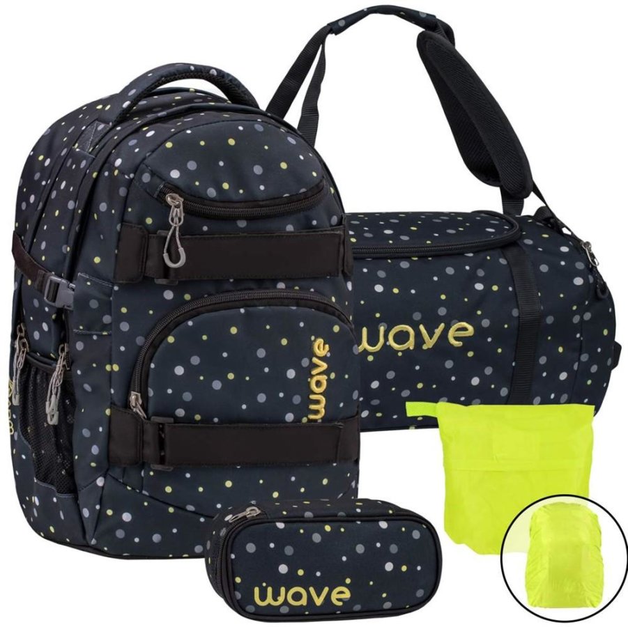 Wave Schulrucksack Set BLACK AND YELLOW DOTS 4teilig mit Sporttasche Schlamper und Regenschutz