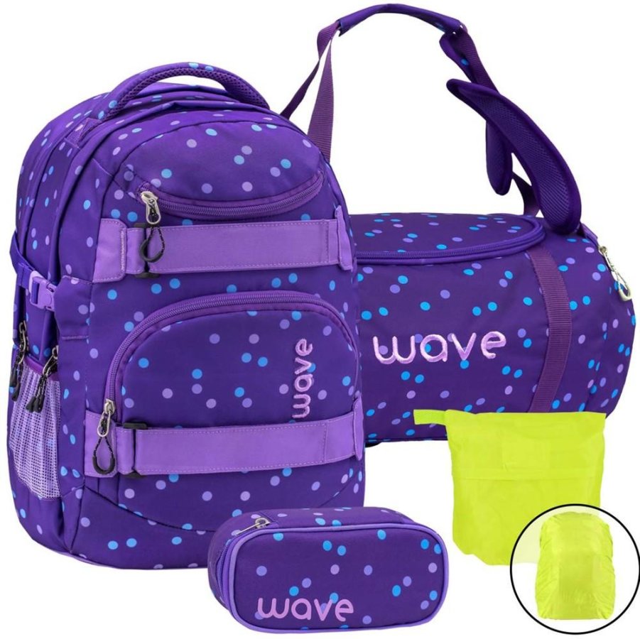 Wave Schulrucksack Set PURPLE DOTS 4teilig mit Sporttasche Schlamper und Regenschutz