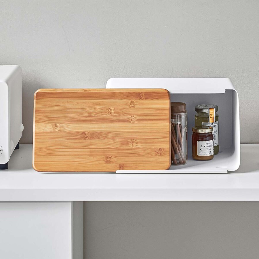 Yamazaki Home Brotkasten in weiß und schwarz 31x18x24cm mit Schneidebrett, modern, skandinavisch, weiß