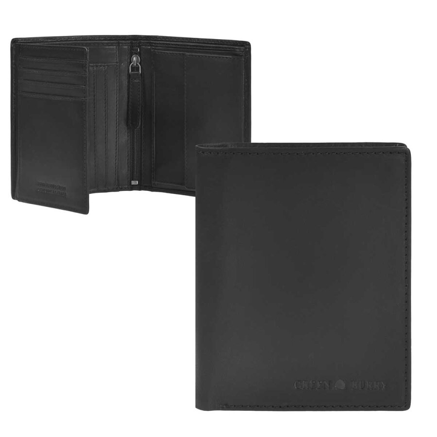 Geldbörse Leder RFID-Schutz schwarz Hochformat | Greenburry Pure Black Portemonnaie mit 8 Kartenfächern. Sicherer Organizer aus schwarzem Leder.
