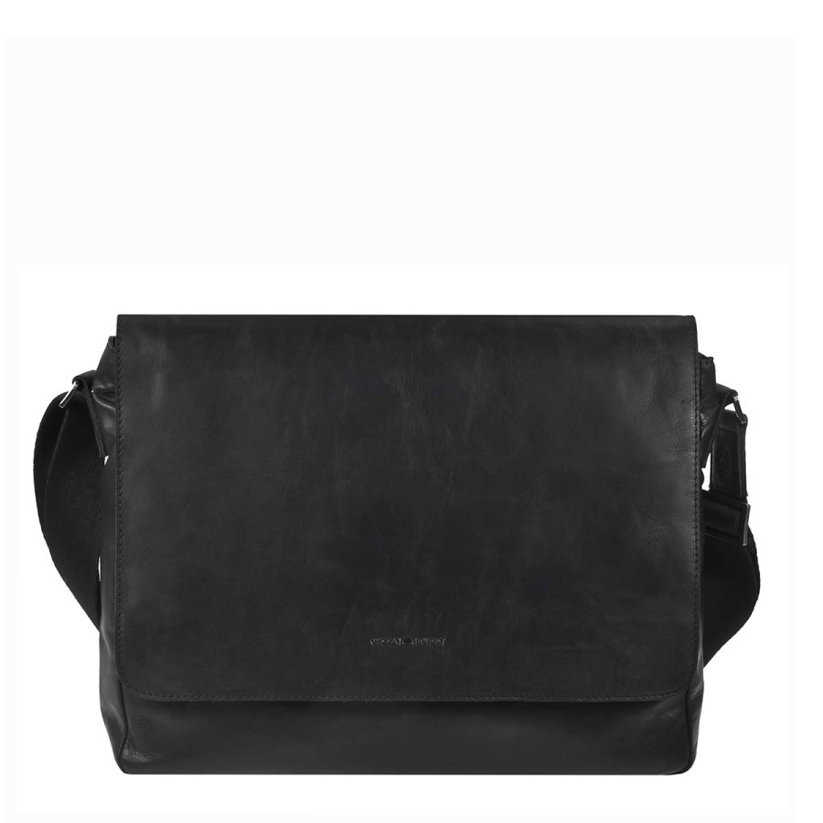 Greenburry Umhängetasche Leder Damen Herren 'Pure Black' schwarz Schultertasche Messenger Bag 1101-20