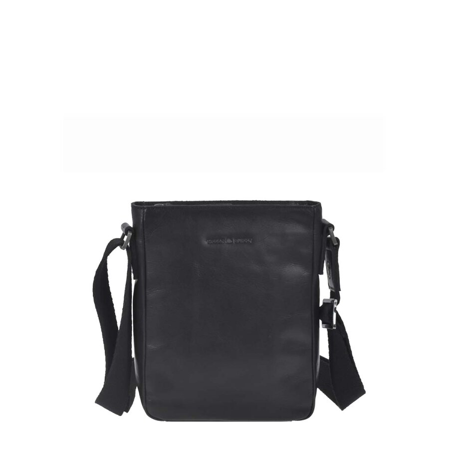 Schultertasche mit verstellbarem Gurt aus Leder in schwarz kompakt | Greenburry. Zeitlose Umhängetasche Pure Black für Alltag, Büro und Freizeit.