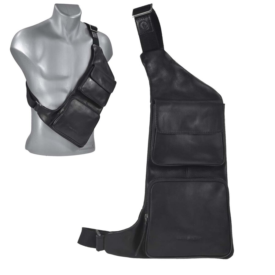 BodyBag Leder schwarz 2 Taschen | Greenburry Pure Black Slingbag mit 170cm Gurt. Robuste Brusttasche für Herren. Kompakter Organizer aus Leder.