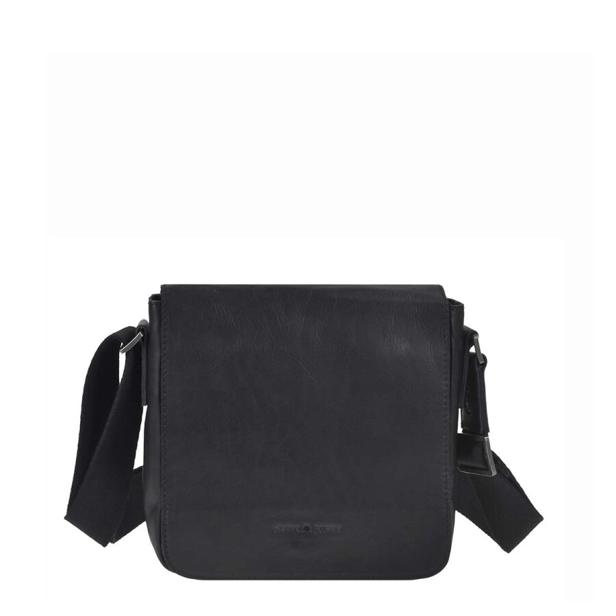 Umhängetasche mit zwei Hauptfächern aus Leder in schwarz Square | Greenburry. Kompakte Handtasche Pure Black für perfekte Übersicht im Alltag.
