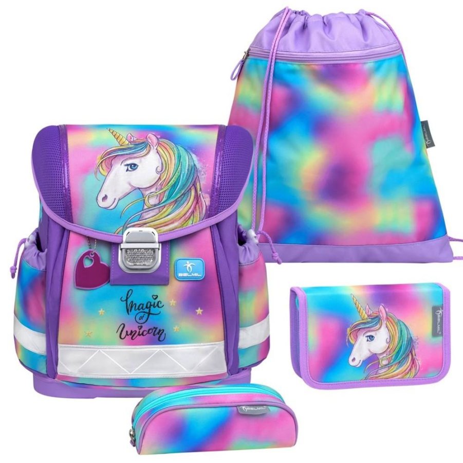 Belmil Schulranzen Set Mädchen Rainbow Color (Motiv: Regenbogen-Einhorn) 'Classy', ab 1.Klasse Grundschule