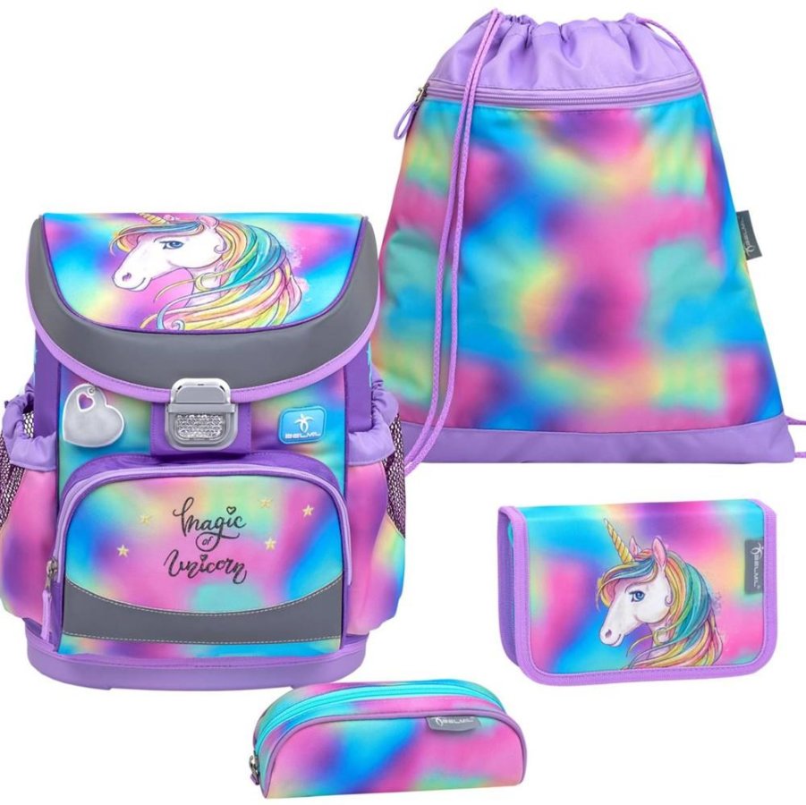 Belmil Schulranzen Set Mädchen Rainbow Color (Motiv: Einhorn) 'Mini Fit' für kleinere Kinder, ab 1.Klasse Grundschule