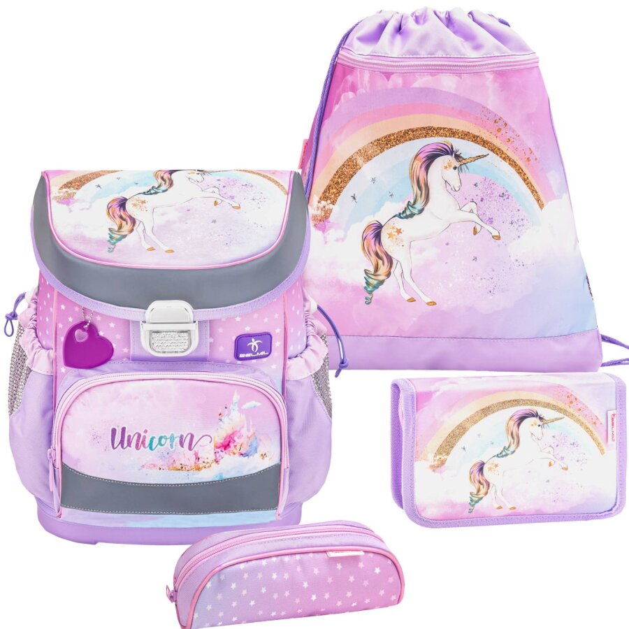 Belmil Schulranzen Set MINI FIT 4tlg. für kleinere Kinder Rainbow Unicorn (Motiv: Einhorn)