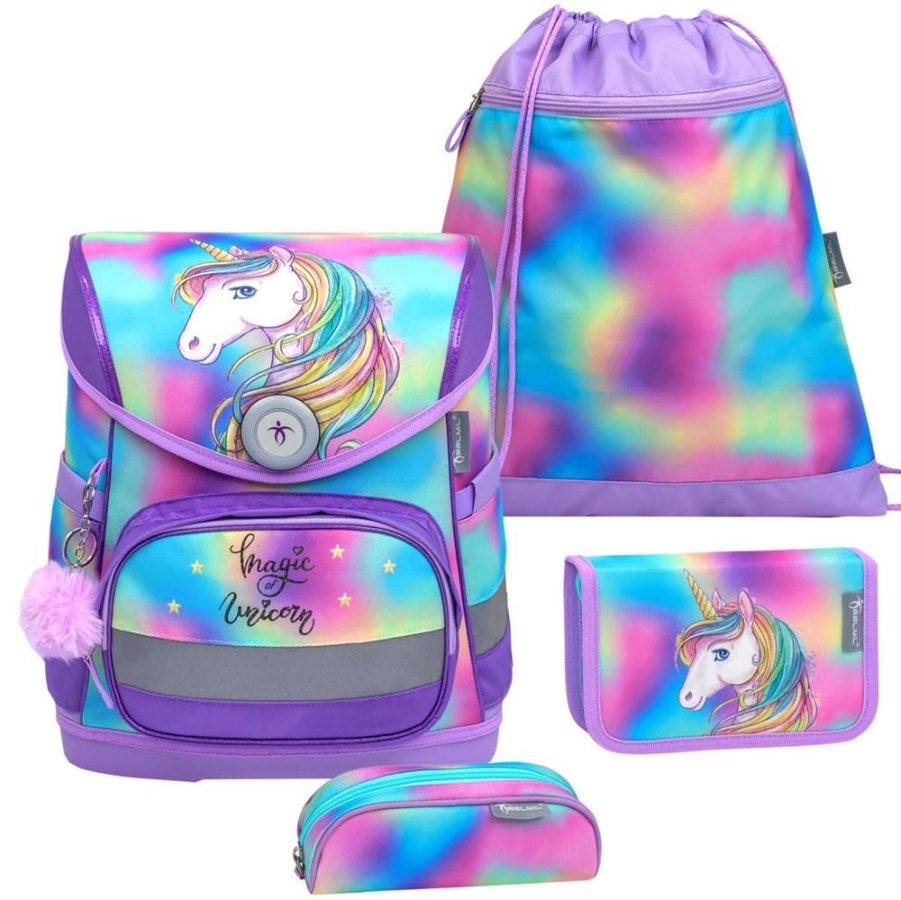 Belmil Schulranzen Set 'Compact' (Rainbow Color - Einhorn mit Regenbogenmähne) für Mädchen ab 1. Klasse Grundschule Einschulung
