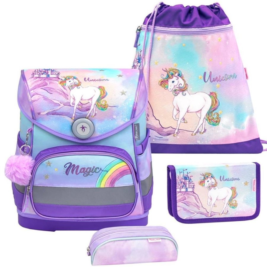 Belmil Schulranzen Set 'Compact' (Rainbow Unicorn Magic - Einhorn) für Mädchen ab 1. Klasse Grundschule Einschulung