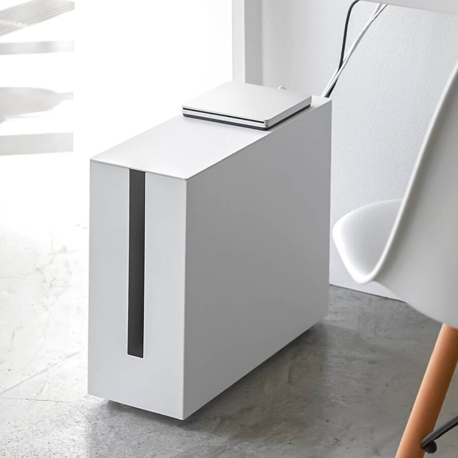 Kabelbox auf Rollen für Router Metall weiß 15x34x40cm | Yamazaki Tower. Diskrete Aufbewahrung für Kabelmanagement und Festplatten im Heimbüro.