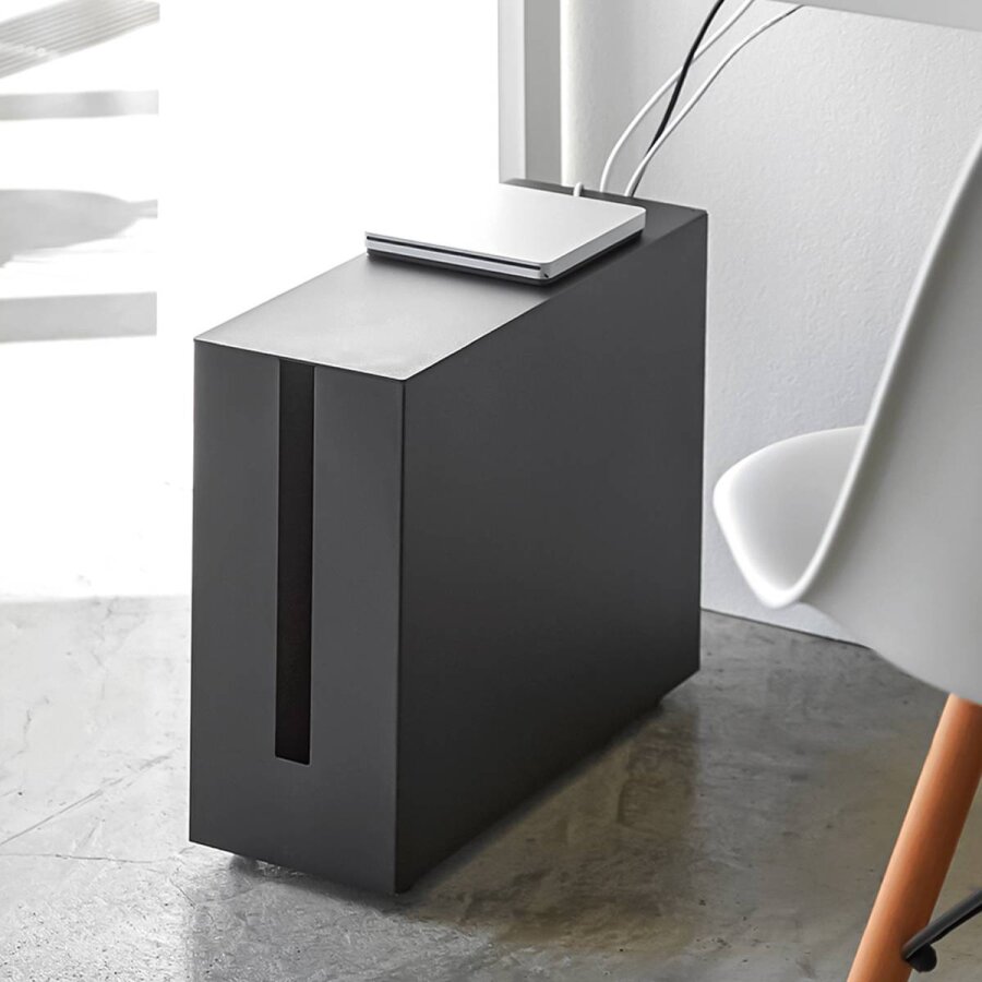 Kabelbox auf Rollen für Router Metall schwarz 15x34x40cm | Yamazaki Tower. Diskrete Aufbewahrung für Kabelmanagement und Festplatten im Heimbüro.