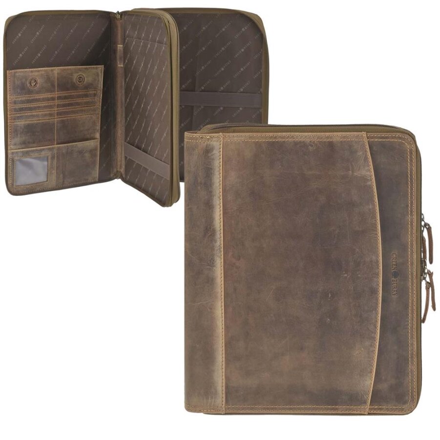 Schreibmappe A4 Leder mit 2 Fächern, Tabletfach Vintage – Leder antikbraun | Greenburry Konferenzmappe Tagungsmappe Handwerkermappe 1721B-25