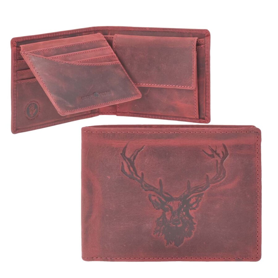 Geldbörse Leder Hirsch-Prägung rot | Greenburry Hunting Portemonnaie mit Sichtfenster. Besonderer Organizer für Damen im farbigen Leder-Look.