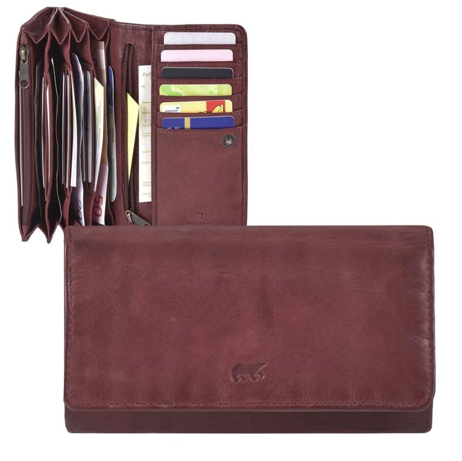 Damen Portemonnaie 12 Kartenfächer 4-fächrig Leder bordeaux 17x9cm | Bear Design Noor. Große Geldbörse mit viel Stauraum für Karten und Dokumente.
